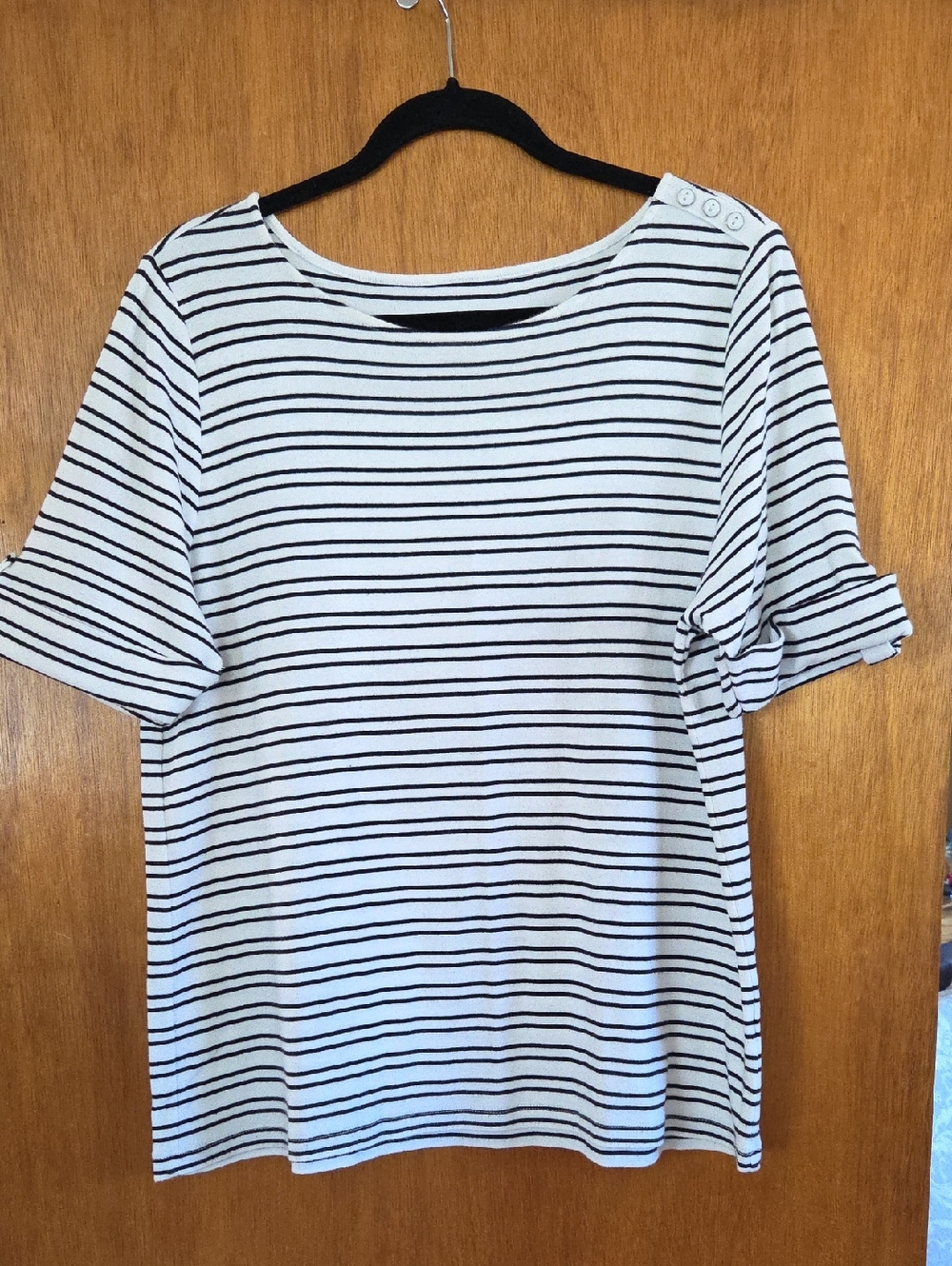 CJ Banks White and Black Striped Boatneck Short Sleeve Top